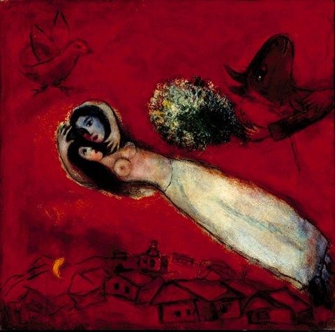 Marc Chagall lovers in the red sky